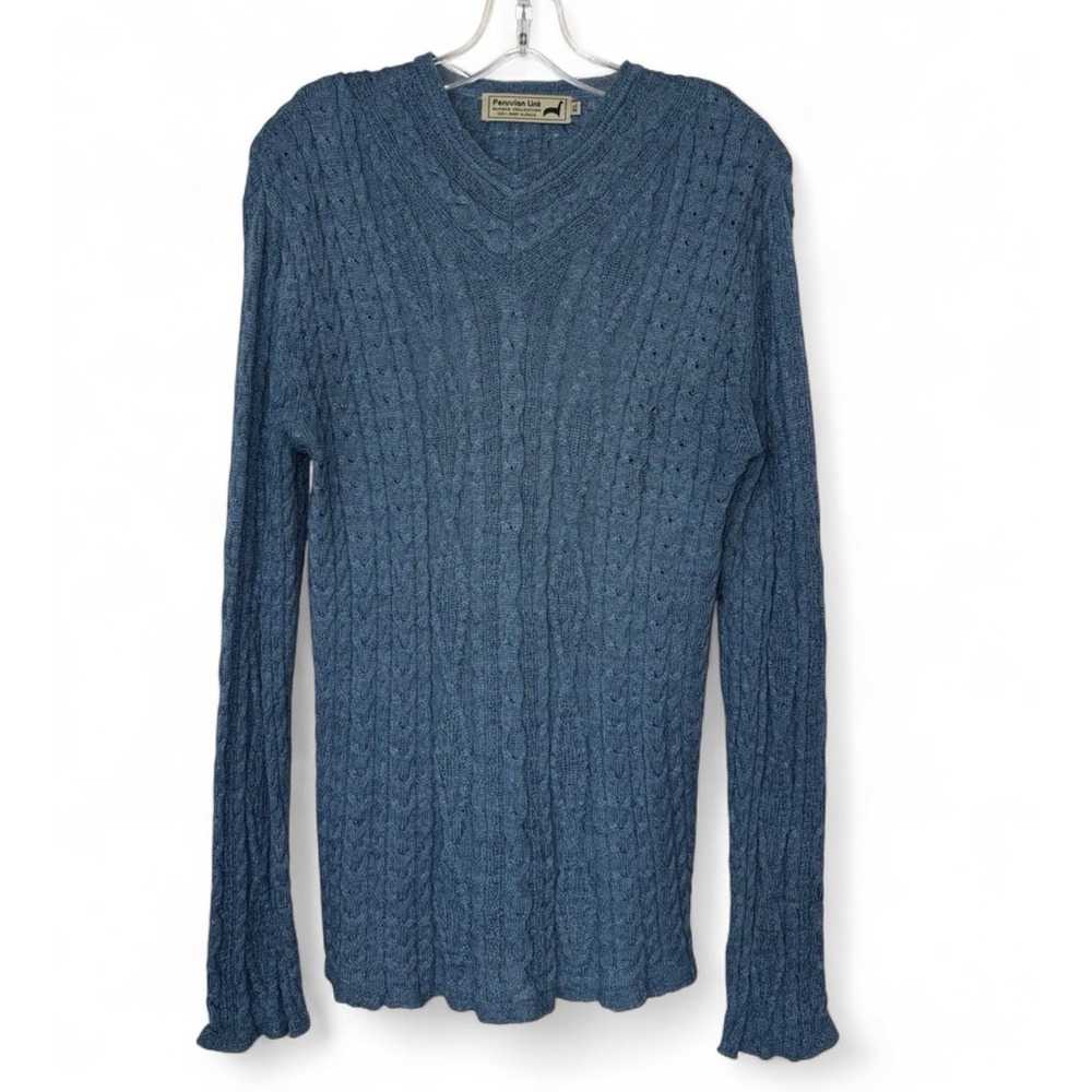 Peruvian Link Baby Alpaca Sweater XL Blue Cable Knit V Neck 100% Alpaca Peru
